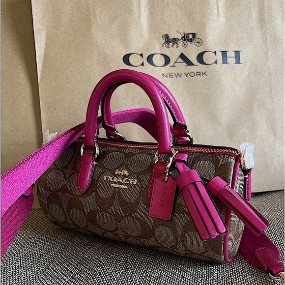NWT COACH Lacey Crossbody CB874 In Signature Canvas Khaki/Cerise AUTHENTIC - Picture 1 of 6